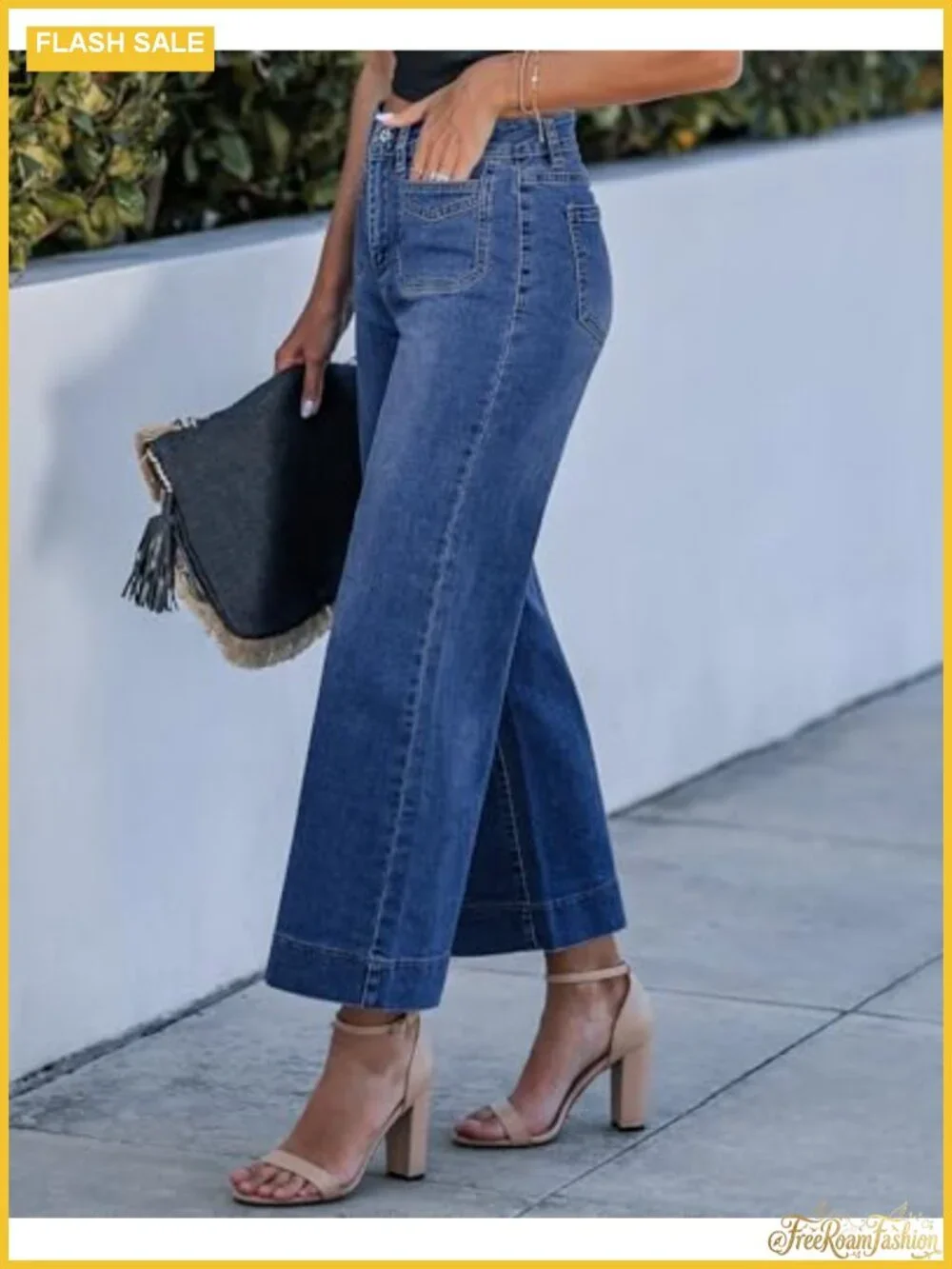 Wide Leg High Waisted Cropped Stretch Denim Pants Women's 27